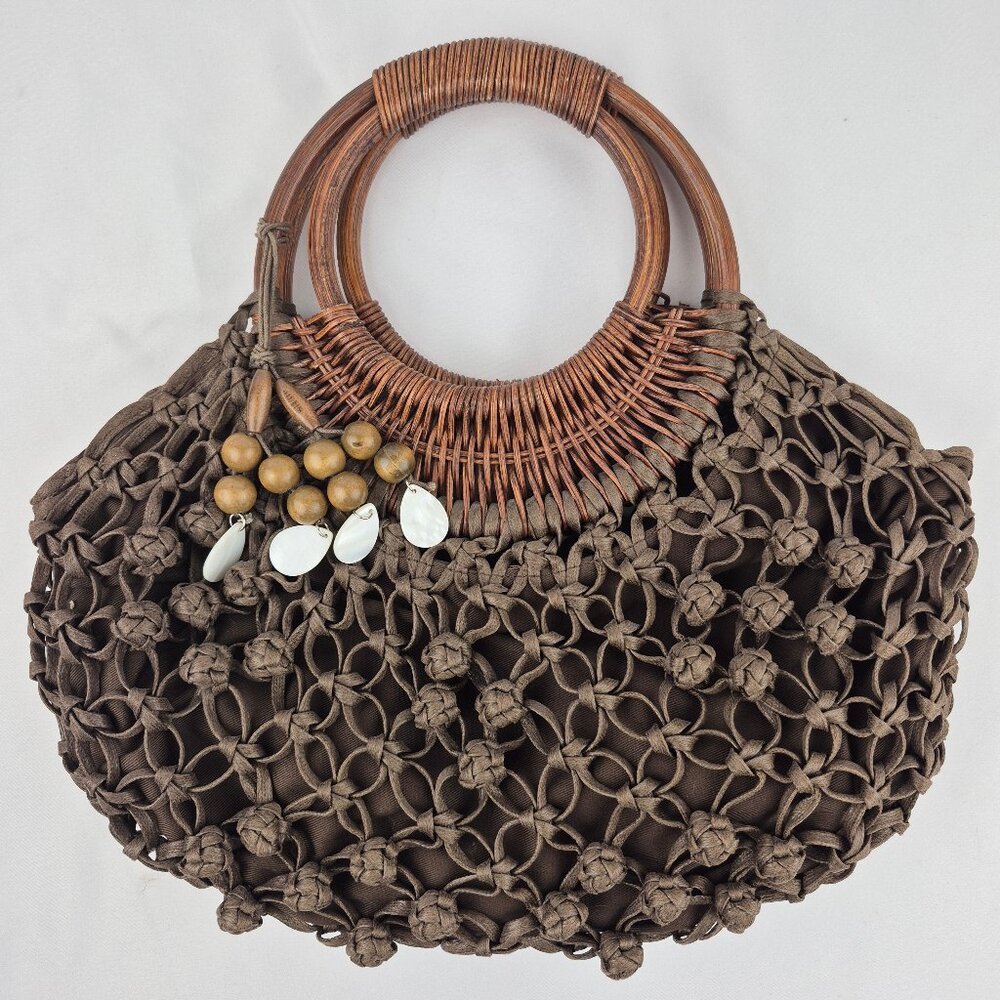 Coldwater Creek Chocolate Brown Macrame Woven Wood Double Hoop Handle Bag